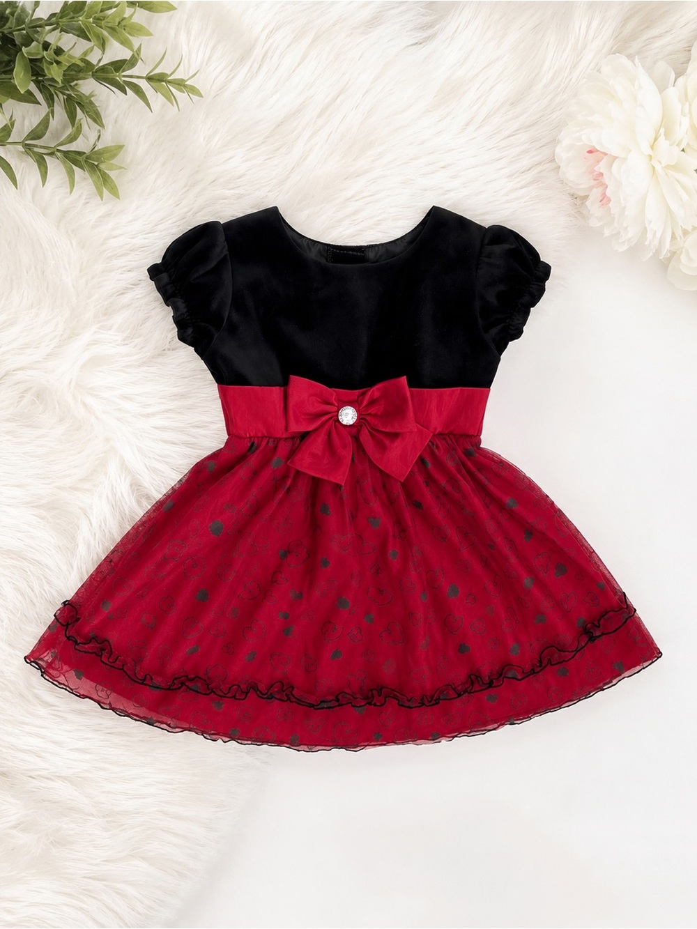 Dollie & Me 3T Toddler Girl Black and Red Velvet Bow Party Dress Heart Print